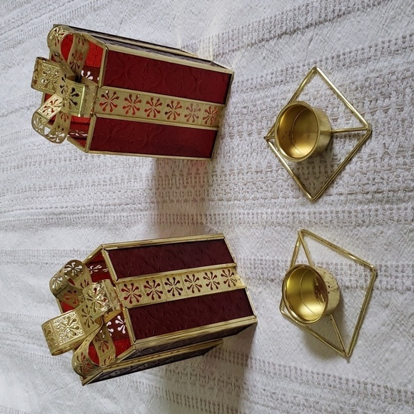 Avon present tea light candle holders with metal bow, designed glass, red gold - Picture 4 of 9